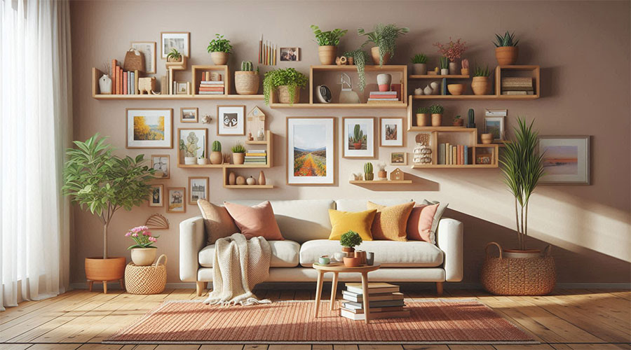 A cozy living room with a gallery wall, plants, and a comfortable sofa