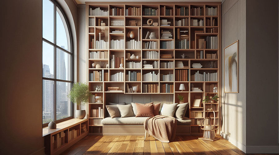 Floor-to-ceiling bookshelf filled with books and decorative objects, with a cozy reading nook below.