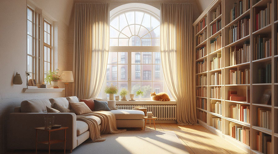 A cozy living room with a large window, sheer curtains, and a built-in bookshelf filled with books.