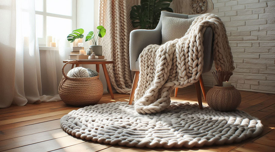 Knitted rug and throw on a wooden floor with a cozy armchair in the background