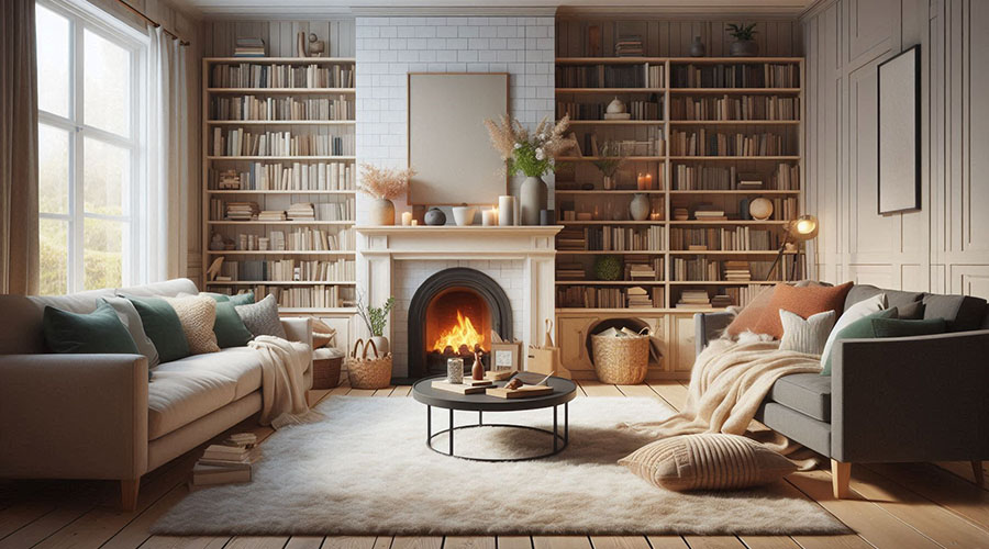 A cozy living room with a large, fluffy rug, two sofas, and a fireplace.