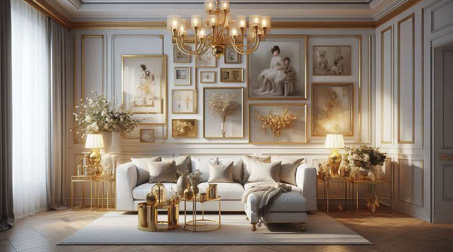 Elegant living room with white sofa, gold accents, and framed portraits on the wall