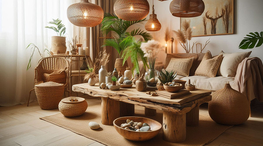 Living room with natural textures, wooden coffee table, wicker chairs, and plants.