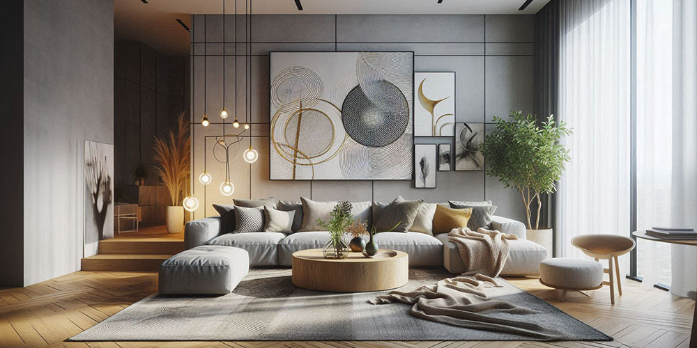 Spacious modern living room with contemporary artwork, neutral color palette, and warm lighting