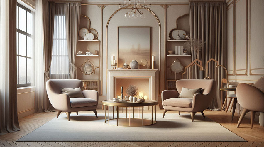 Beige living room with two armchairs, a coffee table, and a fireplace.