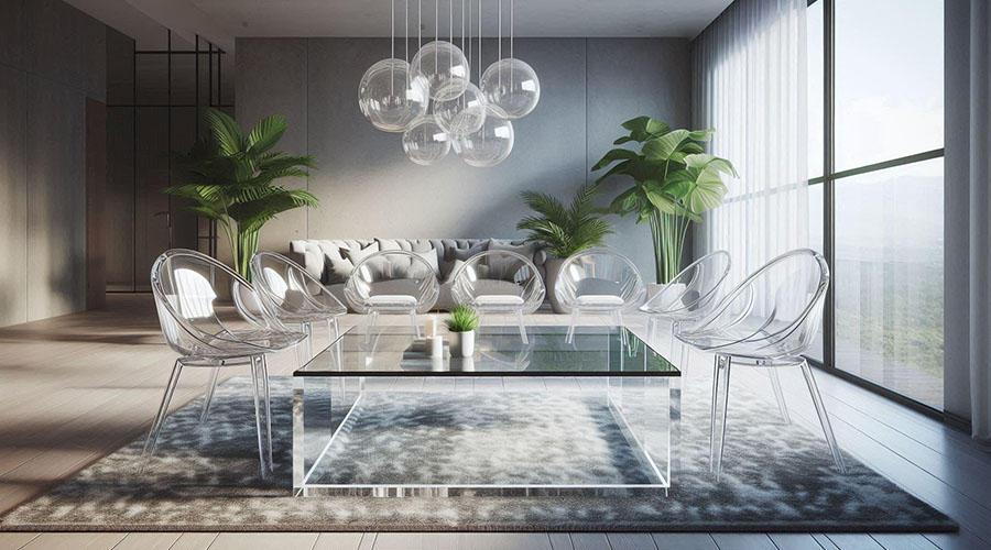 Transparent acrylic coffee table and chairs in a modern living room