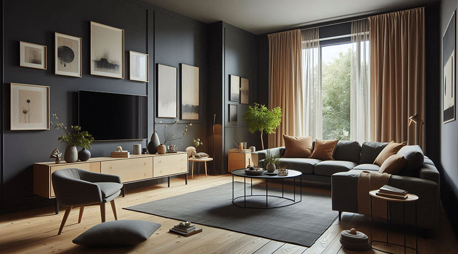 A modern living room with a dark color scheme, gallery wall, and comfortable seating.