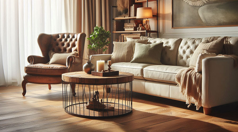 Vintage armchair and sofa with wooden coffee table in a cozy living room